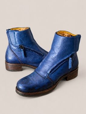 Jafa Leather Handmade Zip-Front‎ Moto Combat Ankle Boots Womens 38 US 7-7.5 Blue